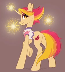 Size: 972x1079 | Tagged: safe, artist:melodylibris, imported from derpibooru, fire flare, pony, unicorn, brown background, butt, clothes, colored, featured image, featureless crotch, female, fireworks, leotard, lighting, looking at you, looking back, looking back at you, mare, plot, raised hoof, simple background, smiling, smirk, solo, three quarter view, underhoof