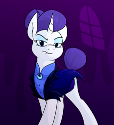 Size: 1206x1319 | Tagged: safe, artist:moonatik, imported from derpibooru, rarity, pony, unicorn, abstract background, alternate hairstyle, alternate timeline, clothes, eyeshadow, female, hair bun, looking at you, makeup, mare, night maid rarity, nightmare takeover timeline, shirt, solo, tail, tail bun