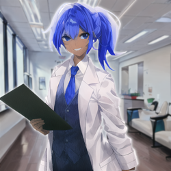 Size: 1024x1024 | Tagged: safe, editor:jesterofdestiny, generator:anything v3, imported from derpibooru, minuette, human, ai content, ai generated, anime style, clothes, dentist, folder, generator:stable diffusion, humanized, lab coat, looking at you, necktie, ponytail, smiling, solo, vest