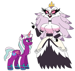 Size: 2408x2275 | Tagged: safe, artist:supahdonarudo, imported from derpibooru, opaline arcana, alicorn, avian, bird, demon, pony, avian demon, bird demon, bracelet, colored wings, crossover, crown, duo, duo female, eyebrows, eyeshadow, female, folded wings, g5, gradient wings, hand on hip, helluva boss, high res, jewelry, makeup, mare, open mouth, open smile, regalia, simple background, smiling, stella (helluva boss), transparent background, unshorn fetlocks, wings