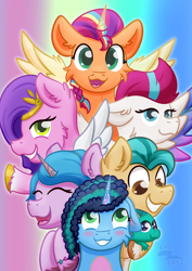 Size: 2480x3508 | Tagged: safe, artist:exobass, imported from derpibooru, hitch trailblazer, izzy moonbow, pipp petals, sunny starscout, zipp storm, alicorn, earth pony, pegasus, pony, unicorn, adorapipp, adorazipp, alternate new mane six (g5), braid, braided ponytail, cute, female, g5, group, male, mane five (g5), mare, misty brightdawn, ponytail, royal sisters (g5), siblings, sisters, sparky sparkeroni, stallion, sunnycorn