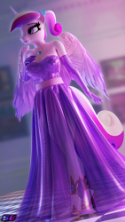 Size: 2160x3840 | Tagged: safe, artist:shadowboltsfm, imported from derpibooru, princess cadance, alicorn, anthro, plantigrade anthro, 3d, 4k, beautiful, beautisexy, blender, breasts, clothes, dress, eyelashes, eyeshadow, female, gloves, hand on breasts, high heels, high res, jewelry, long gloves, makeup, necklace, not sfm, ponytail, sexy, shoes, smiling, solo, wings