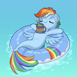 Size: 750x750 | Tagged: safe, artist:gor1ck, imported from derpibooru, rainbow dash, pegasus, seapony (g4), advertisement, belly, chillaxing, cider, commission, digital art, dorsal fin, eyes closed, female, inflatable, mare, mug, scales, seaponified, seapony rainbow dash, smiling, solo, species swap, spread wings, straw, tail, water, wings, ych example, your character here