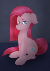 Size: 1763x2507 | Tagged: safe, artist:vivi's corner, imported from derpibooru, pinkie pie, earth pony, pony, crying, pinkamena diane pie, sad, simple background, sitting, solo