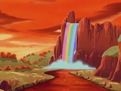 Size: 960x720 | Tagged: safe, imported from derpibooru, screencap, escape from catrina, my little pony 'n friends, dream valley, dusk, g1, no pony, rainbow, scenery, water, waterfall