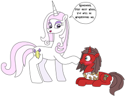 Size: 2902x2205 | Tagged: safe, artist:supahdonarudo, imported from derpibooru, fleur-de-lis, oc, oc:ironyoshi, pony, unicorn, blushing, boop, dialogue, duo, horn, lying down, prone, simple background, speech bubble, text, transparent background, unicorn oc