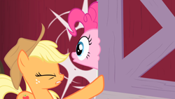 Size: 1920x1080 | Tagged: safe, imported from derpibooru, screencap, applejack, pinkie pie, earth pony, pony, party of one, season 1, abuse, barn, door, duo, duo female, eye bulging, female, mare, pinkiebuse, shocked, shocked expression, sweet apple acres barn, violence, wide eyes