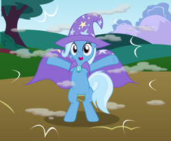 Size: 2410x1985 | Tagged: safe, artist:badumsquish, derpibooru exclusive, imported from derpibooru, trixie, pony, unicorn, bipedal, brooch, cape, clothes, female, field, gem, happy, hat, high res, jewelry, looking at you, mare, open mouth, open smile, outstretched arms, poof, rearing, show accurate, smiling, smiling at you, smoke, solo, standing, teleportation, trixie's brooch, trixie's cape, trixie's hat, wide eyes