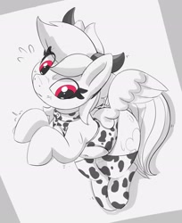 Size: 2030x2491 | Tagged: safe, artist:pabbley, imported from derpibooru, rainbow dash, pegasus, pony, animal costume, blushing, costume, cow costume, cow horns, cowprint, cute, dashabetes, emanata, female, grayscale, high res, horns, mare, monochrome, partial color, plewds, rainbovine dash, rainbow dash always dresses in style, solo, sweat, sweatdrops