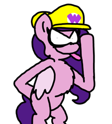 Size: 1275x1414 | Tagged: safe, artist:professorventurer, imported from derpibooru, pipp petals, pegasus, pony, antagonist, bipedal, g5, leaning forward, onomatopoeia, pippamena, primrose petals, raspberry, raspberry noise, simple background, solo, super mario bros., tongue out, wario, white background