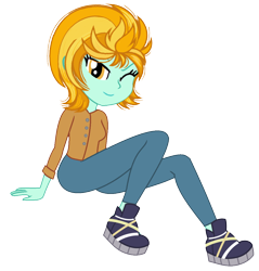 Size: 722x756 | Tagged: safe, artist:dazzlingsedits, imported from derpibooru, lightning dust, human, equestria girls, looking at you, one eye closed, simple background, sitting, solo, transparent background, wink, winking at you