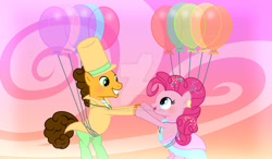 Size: 1024x600 | Tagged: safe, artist:velveagicsentryyt, imported from derpibooru, cheese sandwich, pinkie pie, pony, balloon, cheesepie, clothes, dress, female, floating, male, shipping, straight, suit, then watch her balloons lift her up to the sky