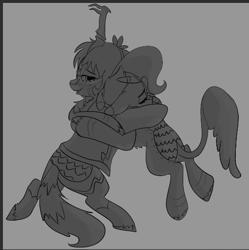 Size: 511x514 | Tagged: safe, artist:brainiac, imported from derpibooru, oc, oc:heccin pepperino, kirin, fallout equestria, bell, belle 2022, brainiacs sketchbook (set), butt, grayscale, hug, monochrome, plot