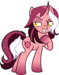 Size: 6215x7926 | Tagged: safe, artist:shootingstarsentry, imported from derpibooru, oc, oc only, oc:scarlett strike, pony, unicorn, absurd resolution, curved horn, evil grin, female, gradient hooves, gradient horn, grin, horn, lidded eyes, mare, raised hoof, simple background, smiling, solo, transparent background, unicorn oc