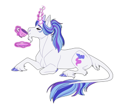 Size: 2000x1700 | Tagged: safe, artist:uunicornicc, imported from derpibooru, oc, oc only, pony, cloven hooves, cup, curved horn, horn, lying down, magic, male, prone, simple background, solo, stallion, sternocleidomastoid, teacup, transparent background