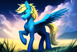 Size: 4608x3072 | Tagged: safe, imported from derpibooru, oc, oc only, oc:thunder lightning, pegasus, pony, ai content, ai generated, grass, grass field, lightning, male, pegasus oc, raised hoof, solo, spread wings, wings