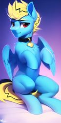 Size: 2048x4096 | Tagged: safe, imported from derpibooru, oc, oc only, oc:thunder lightning, pegasus, pony, ai content, ai generated, belly, chest fluff, collar, ear fluff, looking at you, male, muscles, pegasus oc, solo, stallion, sternocleidomastoid