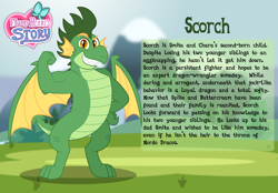 Size: 3014x2102 | Tagged: safe, artist:aleximusprime, imported from derpibooru, oc, oc:scorch the dragon, dragon, flurry heart's story, bio, dragon oc, flexing, muscles, non-pony oc, spike's brother, spike's family, story included, strong