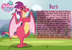 Size: 3014x2102 | Tagged: safe, artist:aleximusprime, imported from derpibooru, oc, oc:barb the dragon, dragon, flurry heart's story, bio, crossed arms, dragon oc, dragoness, female, non-pony oc, spike's family, spike's sister, story included