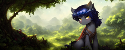 Size: 2560x1024 | Tagged: safe, editor:mr-bat, imported from derpibooru, oc, oc:mr-bat, bat pony, bird, pony, ai content, ai generated, bat wings, bush, floral head wreath, flower, forest, generator:stable diffusion, leather, leather straps, looking at you, plant, slit pupils, solo, tree, wings