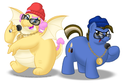 Size: 5167x3476 | Tagged: safe, artist:aleximusprime, imported from derpibooru, oc, oc only, oc:buttercream, oc:fudge cookie, dragon, beanie, chubby, commission, dragon oc, dragoness, fat, female, freckles, hat, medallion, microphone, non-pony oc, rapper, rapping, simple background, spread wings, sunglasses, transparent background, wings