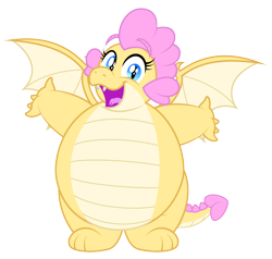 Size: 3423x3259 | Tagged: safe, artist:aleximusprime, imported from derpibooru, oc, oc only, oc:buttercream the dragon, dragon, flurry heart's story, chubby, cute, dragon oc, dragoness, fat, female, happy, hug request, non-pony oc, simple background, solo, spread wings, transparent background, wings