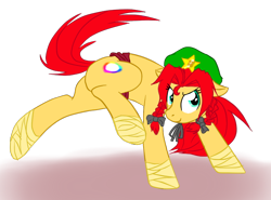 Size: 702x520 | Tagged: safe, artist:cybermananon, imported from derpibooru, earth pony, pony, bandage, butt, female, hat, hong meiling, mare, plot, ponified, simple background, solo, touhou, transparent background