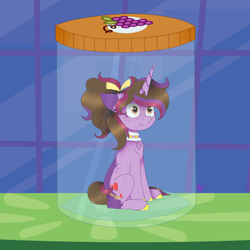 Size: 1300x1300 | Tagged: safe, artist:kathepart, imported from derpibooru, oc, oc only, oc:kathepaint, unicorn, bow, chest fluff, collar, freckles, hair bow, hair bun, jar, pony in a bottle, sitting, solo, surprised, table