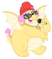 Size: 2867x3259 | Tagged: safe, artist:aleximusprime, imported from derpibooru, oc, oc only, oc:buttercream the dragon, dragon, flurry heart's story, beanie, chubby, cute, dragon oc, dragoness, fat, female, hat, medallion, microphone, non-pony oc, rapper, rapping, simple background, solo, sunglasses, transparent background