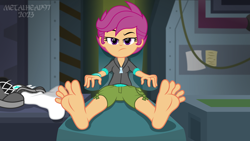 Size: 8000x4500 | Tagged: safe, alternate version, artist:metalhead97, imported from derpibooru, scootaloo, human, equestria girls, equestria girls series, annoyed, barefoot, chair, clothes, feet, female, fetish, foot fetish, foot focus, indoors, laboratory, looking at you, reclining, scootaloo is not amused, shoes, short hair, sitting, teeth, unamused, worried