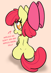 Size: 1668x2388 | Tagged: safe, artist:php156, imported from derpibooru, apple bloom, earth pony, pony, apple bloom's bow, bloom butt, bow, butt, dialogue, dimples of venus, female, filly, foal, foalcon, hair bow, looking at you, looking back, looking back at you, plot, redraw, simple background, solo, text, unshorn fetlocks