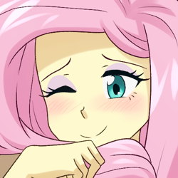 Size: 500x500 | Tagged: safe, artist:riouku, imported from derpibooru, fluttershy, human, equestria girls, blushing, commission, cropped porn, cute, eyeshadow, female, makeup, one eye closed, shyabetes, smiling, solo