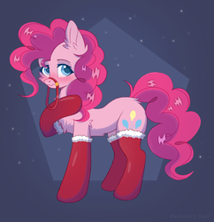 Size: 1744x1798 | Tagged: safe, artist:belkaart0w0, imported from derpibooru, pinkie pie, earth pony, pony, blushing, bridle, chest fluff, clothes, cute, diapinkes, ear fluff, female, mare, raised hoof, reins, socks, solo, stockings, tack, thigh highs