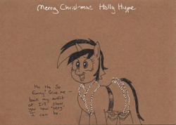 Size: 2075x1476 | Tagged: artist needed, safe, oc:blackjack, fallout equestria, fallout equestria: project horizons, christmas, christmas card, clothes, costume, dialogue, fanfic art, holiday, santa costume, threatening, traditional art