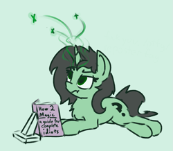 Size: 1255x1095 | Tagged: artist needed, safe, imported from twibooru, oc, oc:filly anon, pony, unicorn, book, chest fluff, female, filly, frustrated, green background, magic, prone, simple background, solo