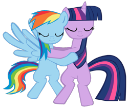 Size: 971x823 | Tagged: safe, artist:benpictures1, imported from ponybooru, rainbow dash, twilight sparkle, pegasus, pony, unicorn, cute, dashabetes, eyes closed, female, hug, inkscape, lesbian, shipping, simple background, transparent background, twiabetes, twidash, unicorn twilight, vector