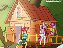 Size: 6500x5000 | Tagged: safe, alternate version, artist:emilywulfstudios, imported from twibooru, apple bloom, scootaloo, sweetie belle, anthro, earth pony, pegasus, pony, unicorn, blushing, clothes, clubhouse, cutie mark crusaders, eyes closed, female, image, paywall content, png, sitting, skirt, standing