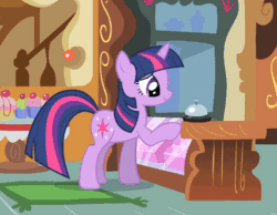 Size: 540x420 | Tagged: safe, imported from derpibooru, screencap, twilight sparkle, pony, unicorn, party of one, season 1, animated, bell, cropped, cute, female, gif, indoors, loop, mare, side view, solo, sugarcube corner, twiabetes, unicorn twilight