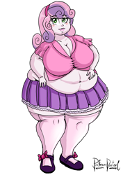 Size: 800x1131 | Tagged: safe, artist:professordoctorc, imported from derpibooru, sweetie belle, human, equestria girls, bbw, belly, big belly, big breasts, breasts, busty sweetie belle, cleavage, clothes, fat, mary janes, midriff, obese, older, older sweetie belle, shoes, simple background, skirt, solo, stockings, sweetie belly, thigh highs, white background, zettai ryouiki