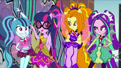 Size: 3500x1960 | Tagged: safe, artist:ajosterio, artist:aqua-pony, artist:bigpurplemuppet99, imported from derpibooru, adagio dazzle, aria blaze, sci-twi, sonata dusk, twilight sparkle, human, dance magic, equestria girls, spoiler:eqg specials, clothes swap, flamenco dress, gem, siren gem, sunset shimmer flamenco dress, the dazzlings