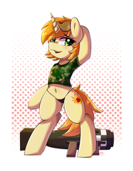 Size: 1400x1800 | Tagged: safe, artist:tikrs007, imported from derpibooru, oc, oc only, oc:high impact, pony, unicorn, bipedal, clothes, female, goggles, looking at you, panties, rocket launcher, solo, team fortress 2, thong, underwear, weapon