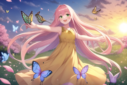 Size: 768x512 | Tagged: safe, imported from derpibooru, fluttershy, butterfly, human, ai content, ai generated, clothes, dress, flower, generator:stable diffusion, happy, humanized, looking at you, open mouth, outdoors, pink hair, sky, solo, sun, sunset, yellow dress