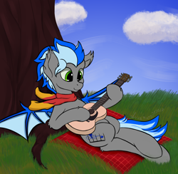 Size: 3720x3632 | Tagged: safe, alternate version, artist:aquamuro, imported from derpibooru, oc, oc:alex batovsky, bat pony, pony, bat pony oc, bat wings, clothes, commission, ear fluff, fluffy, guitar, lying down, musical instrument, on back, picnic blanket, playing guitar, scarf, signature, sketch, smiling, spring, tree, two toned mane, wings