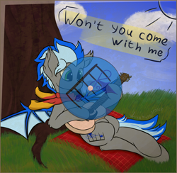 Size: 2794x2725 | Tagged: safe, alternate version, artist:aquamuro, imported from derpibooru, oc, oc:alex batovsky, bat pony, pony, bat pony oc, bat wings, clothes, commission, ear fluff, fluffy, guitar, lying down, musical instrument, on back, picnic blanket, playing guitar, record, scarf, signature, sketch, smiling, spring, tree, two toned mane, vinyl, wings