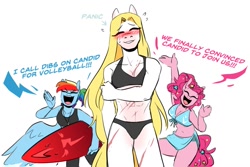 Size: 1081x721 | Tagged: safe, artist:redxbacon, imported from derpibooru, pinkie pie, rainbow dash, oc, oc:candid, anthro, earth pony, horse, pegasus, arrow, belly button, bikini, blonde mane, blushing, breasts, busty pinkie pie, candy, clothes, covered in scars, dialogue, facial markings, facial scar, female, food, happy, ponytail, scar, simple background, speech, surfboard, sweat, sweatdrop, swimsuit, talking, text, trio, white background, yelling