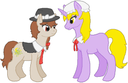 Size: 511x331 | Tagged: safe, artist:thecompleteanimorph, imported from derpibooru, earth pony, pony, unicorn, duo, female, hat, mare, maribel hearn, ponified, simple background, touhou, transparent background, usami renko