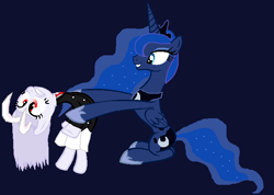 Size: 703x501 | Tagged: safe, artist:evilhaunter13, imported from derpibooru, princess luna, pony, base used, blue background, bunny ears, clothes, concave belly, crossover, crown, female, hoof shoes, jewelry, mare, peytral, physique difference, ponified, princess shoes, regalia, reisen udongein inaba, simple background, size difference, skirt, slim, thin, touhou