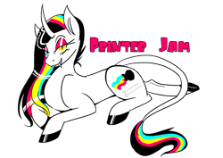 Size: 2480x1754 | Tagged: safe, artist:liechisenshi, imported from derpibooru, oc, oc only, oc:printer jam, pony, unicorn, colored hooves, commission, curved horn, eyeshadow, fangs, heterochromia, hoof polish, horn, leonine tail, lidded eyes, looking at you, lying down, makeup, simple background, slit pupils, solo, tail, transparent background, ych result