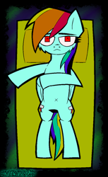 Size: 1332x2172 | Tagged: safe, artist:xxv4mp_g4z3rxx, imported from derpibooru, rainbow dash, pegasus, pony, bed, belly, belly button, depressed, female, lying down, mare, multicolored hair, rainbow hair, rainbow tail, red eyes, signature, solo, tail