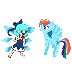 Size: 540x540 | Tagged: safe, artist:kittycat, imported from derpibooru, rainbow dash, human, pegasus, cirno, crossover, female, mare, simple background, touhou, white background